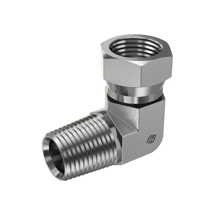 Stainless Steel, SAE J514 NPSM Swivel 90° Male Elbow, 1/4" Male NPTF 30° x 3/8" Female NPSM Swivel