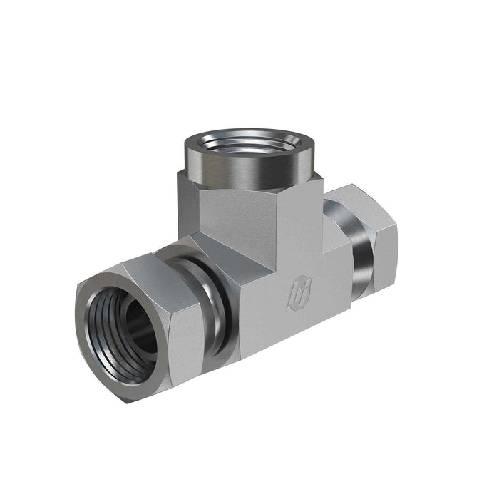 Steel, SAE J514 NPSM Swivel Female Branch Tee, 1/2" Female NPTF x 3/8" Female NPSM Swivel