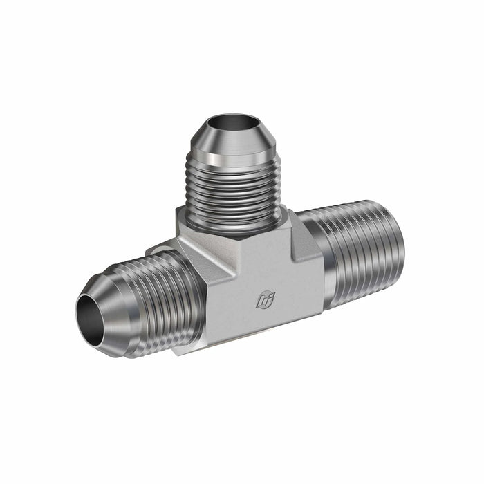 Stainless Steel, SAE J514 37° Flare Male Run Tee, 5/16" Male JIC x 1/4" Male NPTF 30° x 5/16" Male JIC