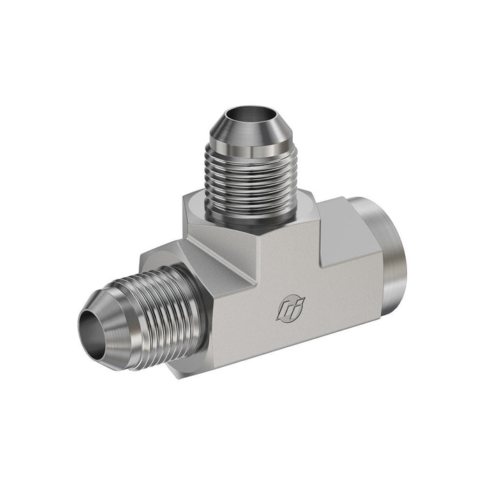 Steel, SAE J514 37° Flare Female Run Tee, 1/2" Male JIC x 3/8" Female NPTF x 1/2" Male JIC