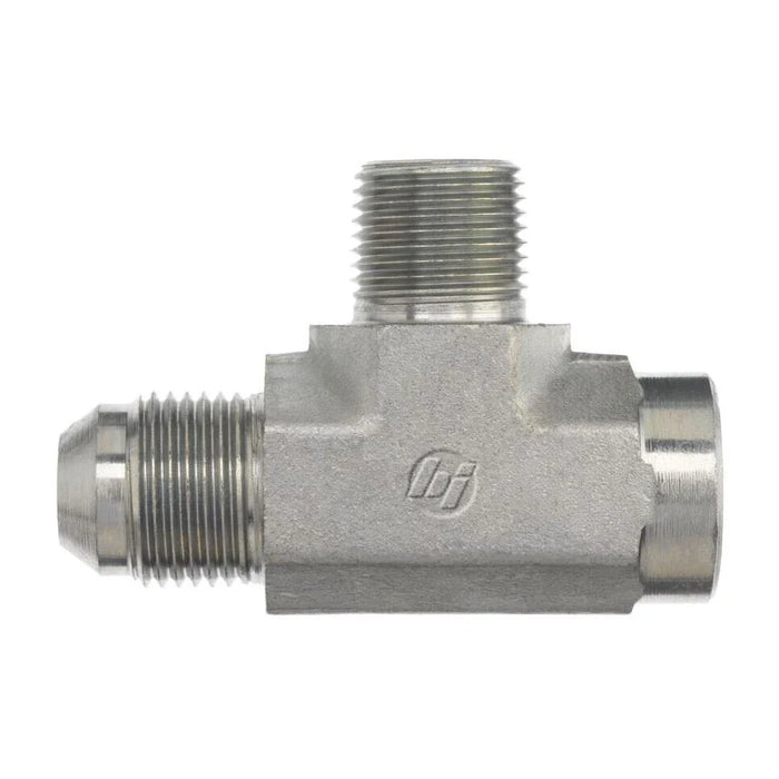 Steel, SAE J514 37° Flare Female Run Tee, 1/4" Male JIC x 1/8" Female NPTF x 1/8" Male NPTF