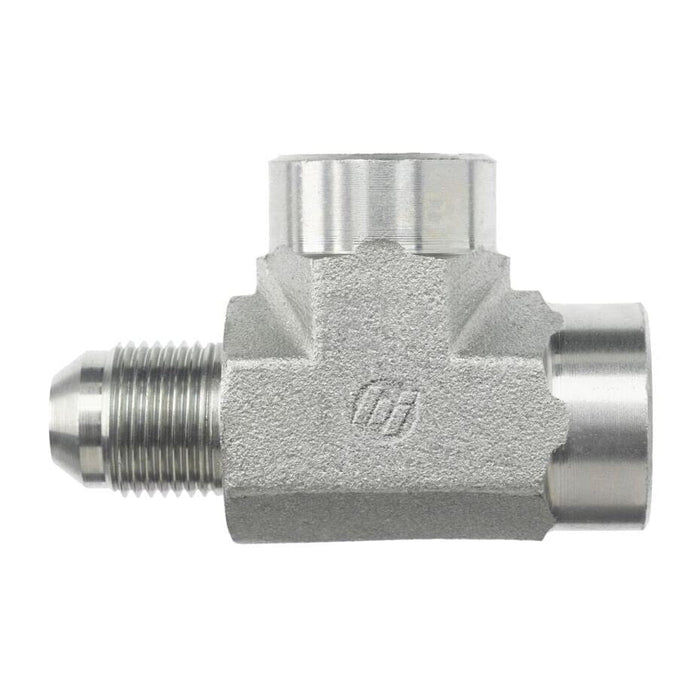 Steel, SAE J514 37° Flare Female Run Tee, 1/4" Male JIC x 1/8" Female NPTF x 1/8" Female NPTF