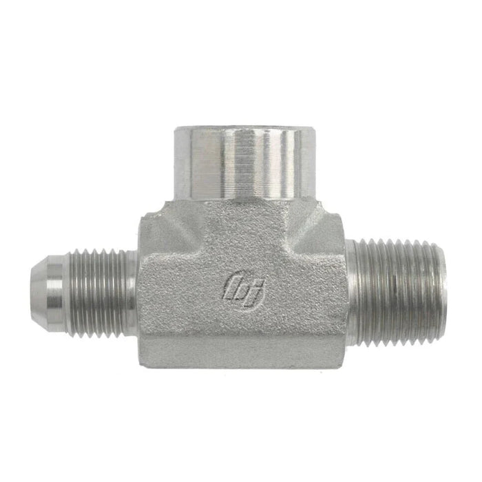 Steel, SAE J514 37° Flare Male Run Tee, 3/8" Male JIC x 1/4" Male NPTF 30° x 1/4" Female NPTF