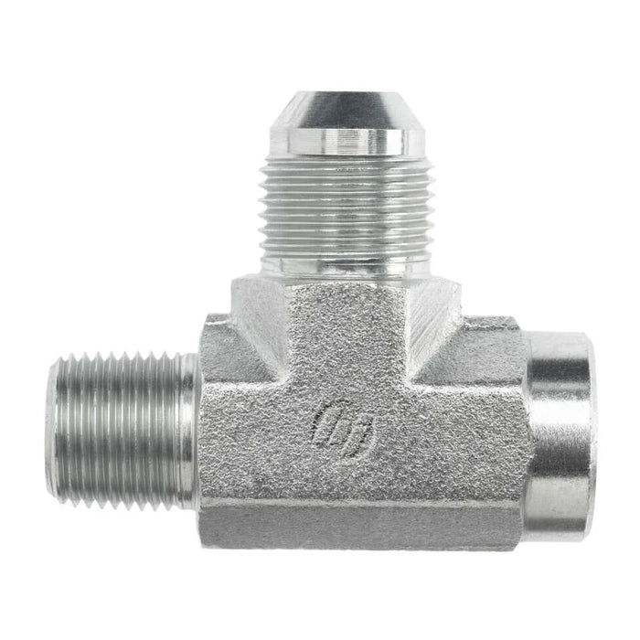 Steel, SAE J514 37° Flare Male Branch Tee, 1/8" Male NPTF 30° x 1/8" Female NPTF x 1/4" Male JIC