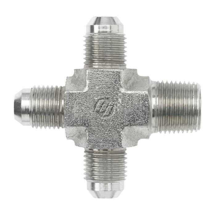 Steel, SAE J514 37° Flare Male Pipe Cross, 1/4" Male JIC x 1/4" Male NPTF 30°