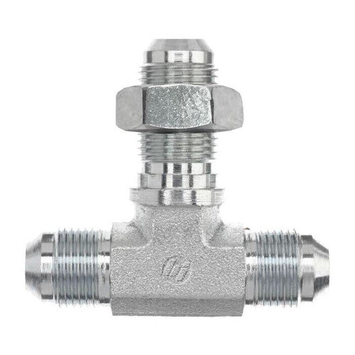 Steel, SAE J514 37° Flare Bulkhead Branch Tee With Lock Nut, 3/8" Male JIC x 3/8" Male JIC x 1/2" Male JIC