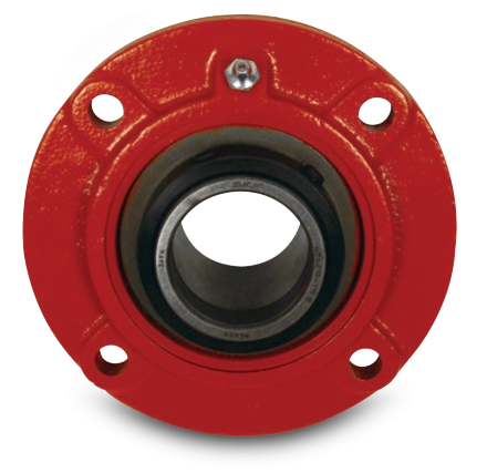 Royersford Foundry four bolt piloted flange spherical roller bearing painted red with two locking collars