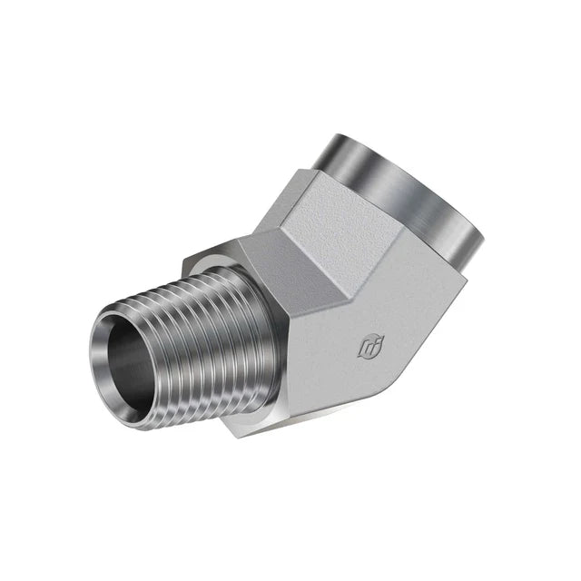 Stainless Steel, SAE J514 Pipe 45° Street Elbow, 1/8" Male NPTF 30° x 1/8" Female NPTF