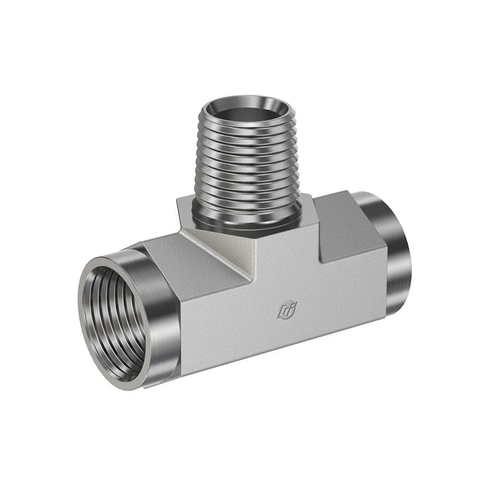 Steel, SAE J514 Pipe Male Branch Tee, 1" Female NPTF x 1" Female NPTF x 1" Male NPTF 30°