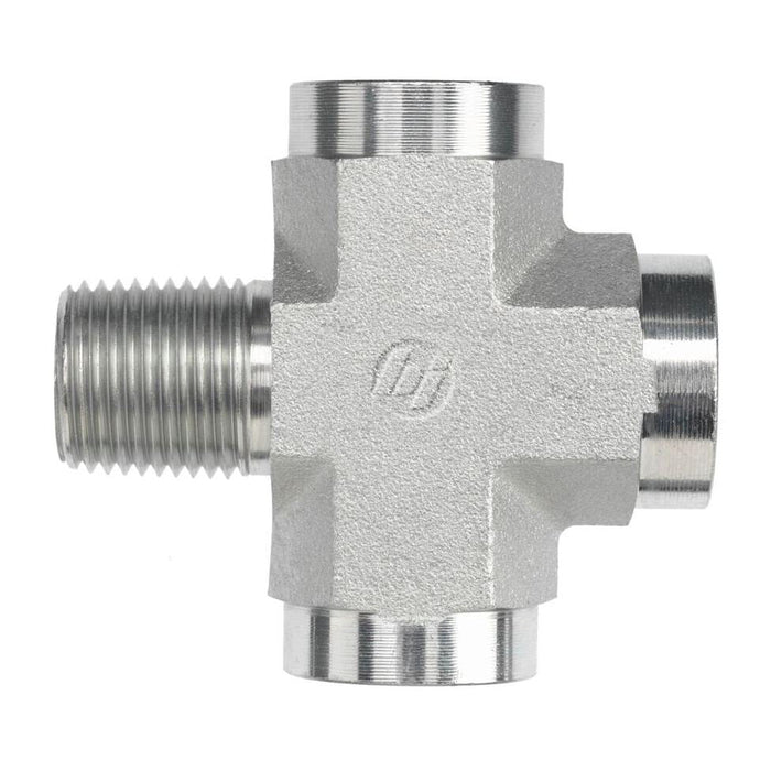 Steel, SAE J514 Pipe Male Run Cross, 1-1/4" Male NPTF 30°