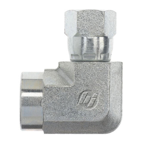 Steel, SAE J514 37° Flare Swivel 90° Female Elbow, 1-1/4" Female NPTF x 1-1/4" Female JIC Swivel
