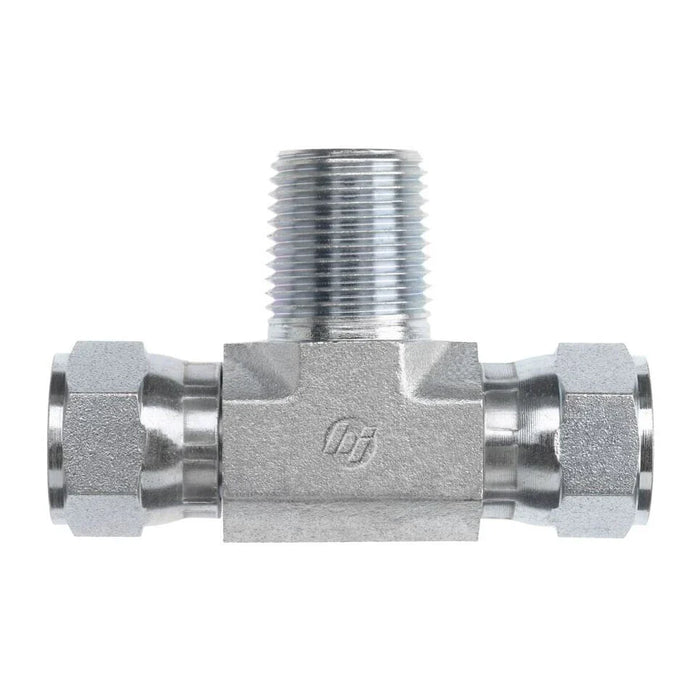 Steel, SAE J514 37° Flare Swivel Male Branch Tee, 1/2" Female JIC Swivel x 1/2" Female JIC Swivel x 1/2" Male NPTF