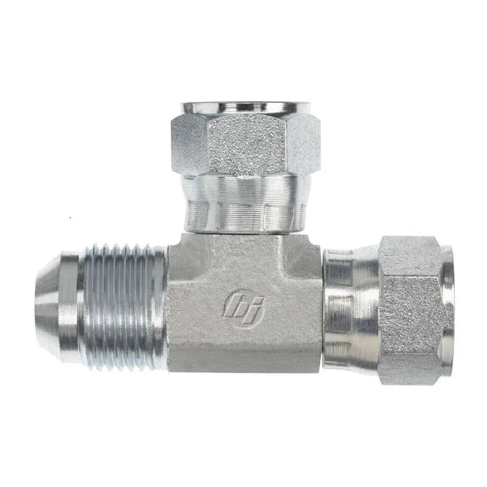 Steel, SAE J514 37° Flare Swivel Run Tee, 2" Male JIC x 2" Female JIC Swivel x 2" Female JIC Swivel