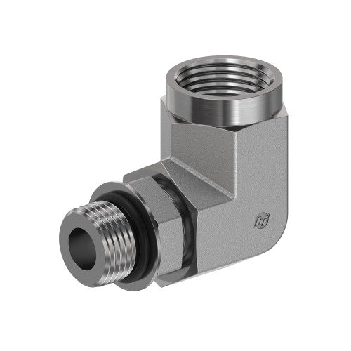 Stainless Steel, SAE J1926 Adjustable O-Ring Boss 90° Female Elbow, 1-5/8-12 Male Adjustable ORB x 1-1/4" Female NPTF