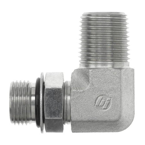 Steel, SAE J1926 Adjustable O-Ring Boss 90° Male Elbow, 7/16-20 Male Adjustable ORB x 1/4" Male NPTF 30°