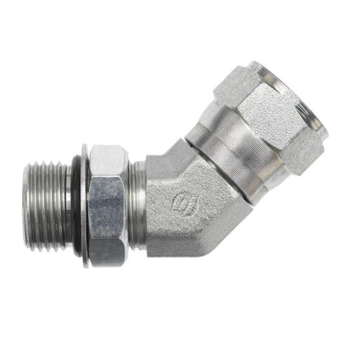 Steel, SAE J514 37° Flare Swivel 45° Adjustable Port Elbow, 1-5/16-12 Male Adjustable ORB x 1" Female JIC Swivel
