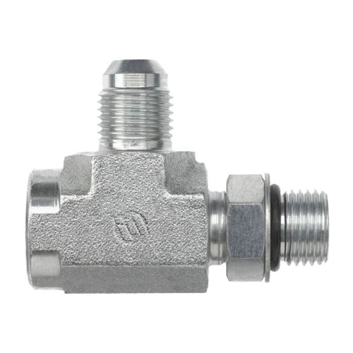 Steel, SAE J1926 Adjustable O-Ring Boss Diagnostic Port Tee, 9/16-18 Female ORB x 9/16-18 Male Adjustable ORB x 3/8" Male JIC
