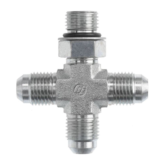 Steel, SAE J514 37° Flare Adjustable Port Cross, 3/8" Male JIC x 3/8" Male JIC x 7/16-20 Male Adjustable O-Ring Boss x 3/8" Male JIC