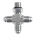 Steel, SAE J514 37° Flare Adjustable Port Cross, 3/8" Male JIC x 3/8" Male JIC x 7/16-20 Male Adjustable O-Ring Boss x 3/8" Male JIC