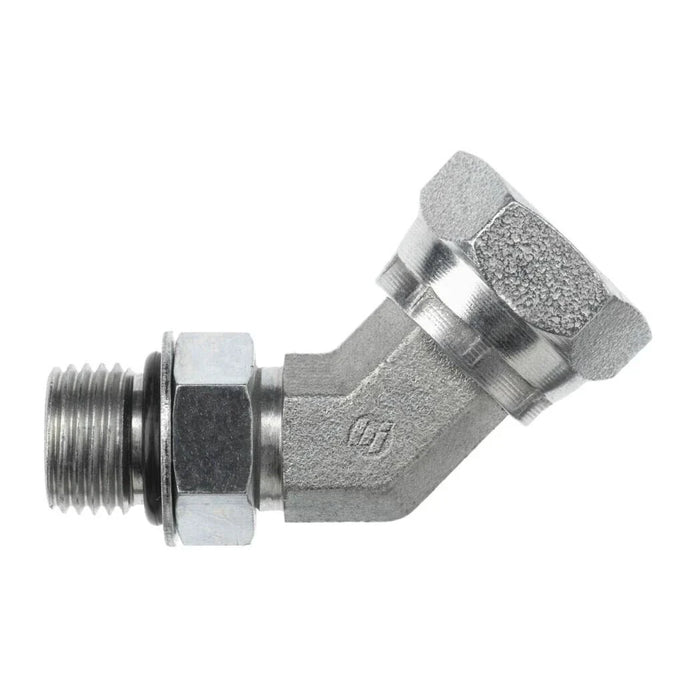 Steel, SAE J514 NPSM Swivel 45° Adjustable Port Elbow, 1-5/8-12 Male Adjustable ORB x 1-1/4" Female NPSM Swivel