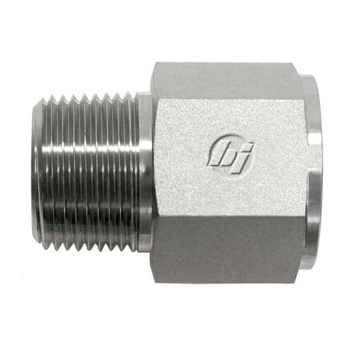 Stainless Steel, SAE J476 Pipe Female BSPP Port Adapter, 1/2" Male NPTF 30° x 1/4-19 Female BSPP