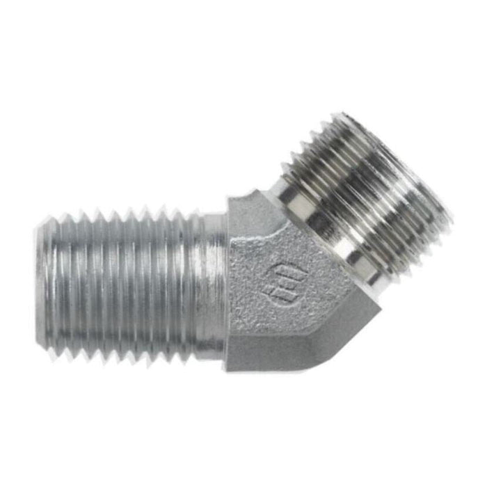 Steel, SAE J476 Pipe Male BSPP Line 45° Elbow, 1/4" Male NPTF 30° x 1/4-19 Male BSPP 60°