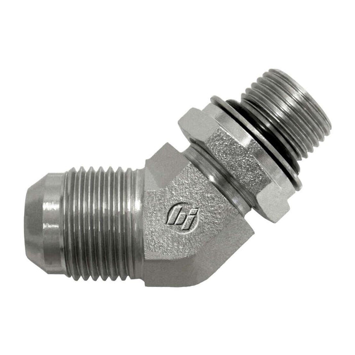 Steel, SAE J514 37° Flare Male Metric Adjustable (ISO 6149) Port 45° Elbow, 3/4" Male JIC x M27X2.0 Male Metric Adjustable ORB