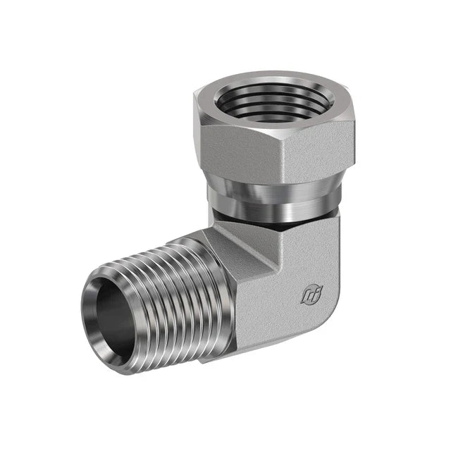 Steel, SAE J476 Pipe BSPP Swivel 90° Elbow, 3/8" Male NPTF 30° x 3/8-19 Female BSPP Swivel