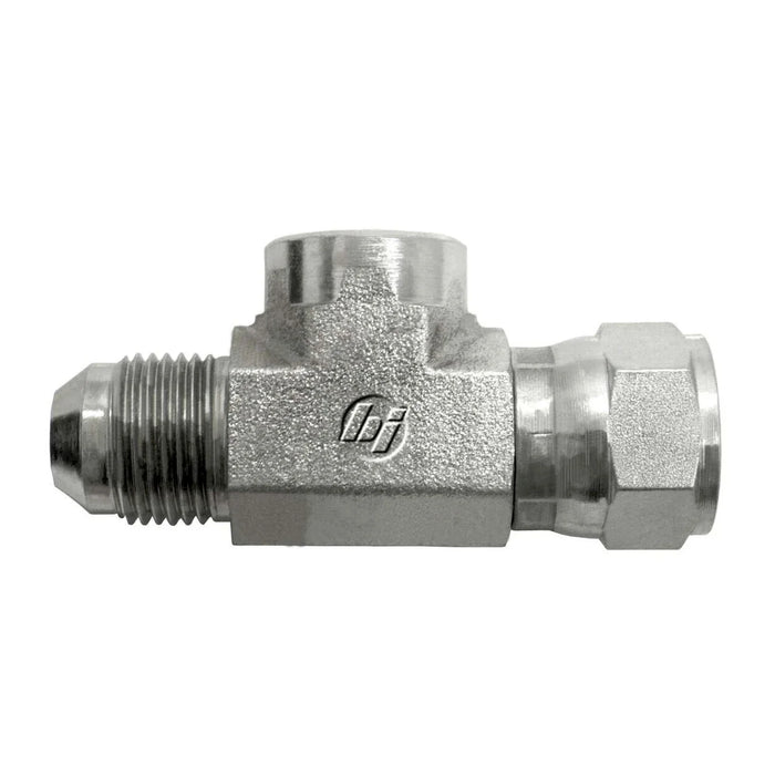 Steel, SAE J514 37° Flare Swivel Adapter BSP Diagnostic Port Tee, 1/2" Male JIC x 1/2" Female JIC Swivel x 3/8-19 Female BSPP