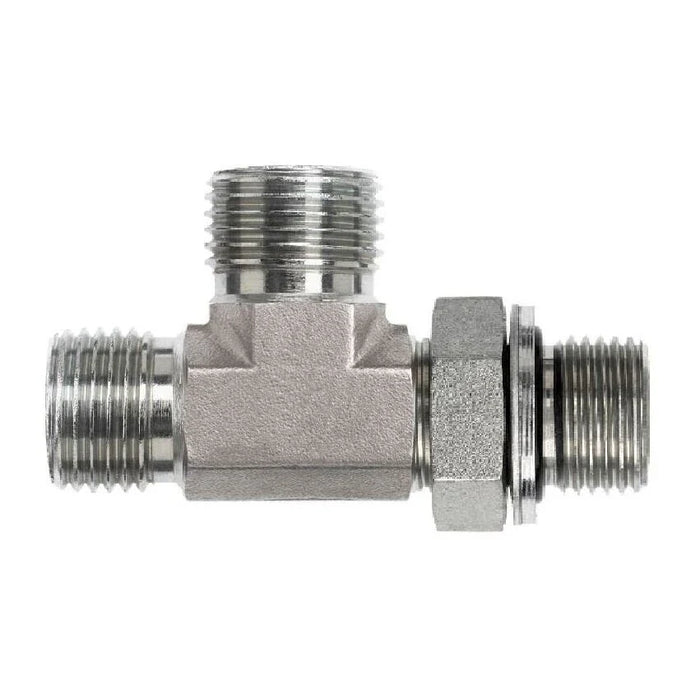 Stainless Steel, ISO 8434-6 60° Cone Male BSPP Adjustable (Type H) Port Run Tee, 1/2-14 Male BSPP 60° x 1/2-14 Male BSPP Adjustable ORR x 1/2-14 Male BSPP 60°