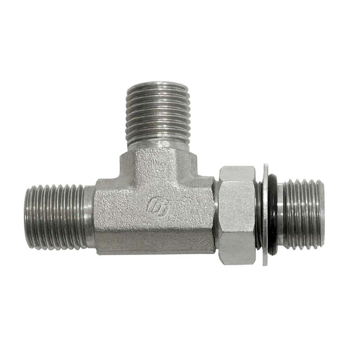 Steel, ISO 8434-6 60° Cone Male Adjustable O-ring Boss Port Run Tee, 1-11 Male BSPP 60° x 1-5/16-12 Male Adjustable O-Ring Boss x 1-11 Male BSPP 60°