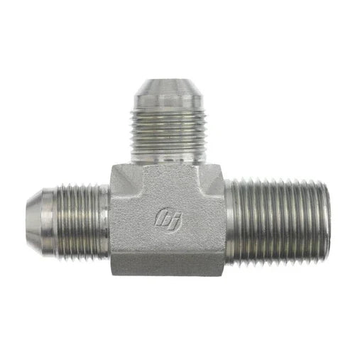 Steel, SAE J514 37° Flare Male BSPT Run Tee, 1/2" Male JIC x 1/2" Male BSPT 30° x 1/2" Male JIC