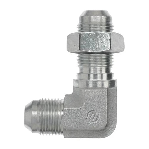 Steel, SAE J514 37° Flare Male JIS Bulkhead 90° Elbow With Lock Nut, 3/8" Male JIC x 3/8-19 Male JIS