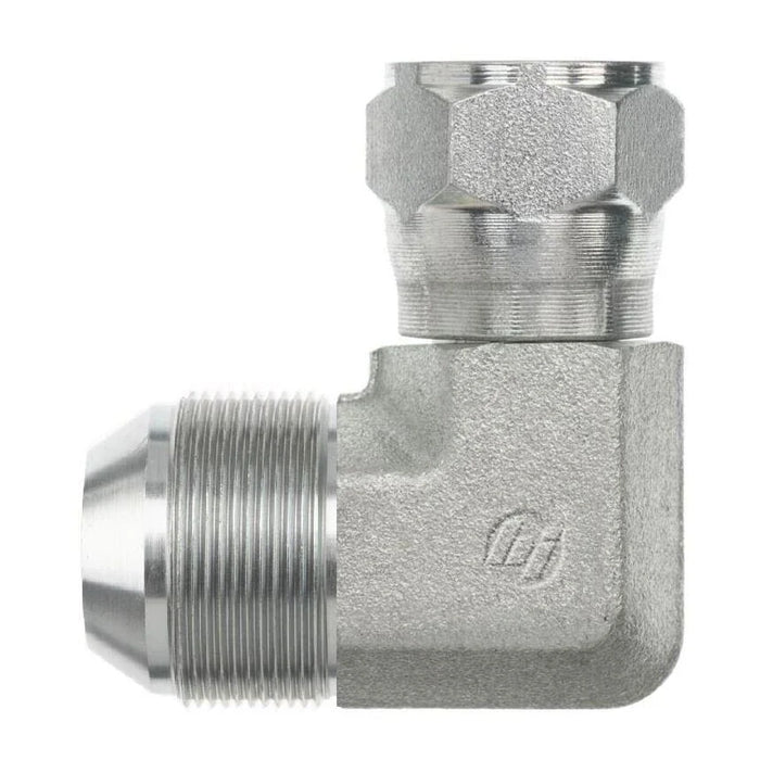 Steel, Komatsu Flare 90° Swivel Elbow, M18X1.5 Male Komatsu x M18X1.5 Female Komatsu Swivel
