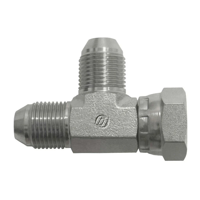 Steel, Komatsu Flare Swivel Run Tee, M22X1.5 Male Komatsu x M22X1.5 Female Komatsu Swivel x M22X1.5 Male Komatsu