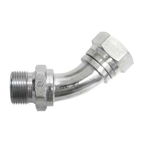 Steel, ISO 8434-6 60° Cone Male BSPP Swivel 45° Swept Elbow, 1-11 Male BSPP 60° x 1-11 Female BSPP Swivel