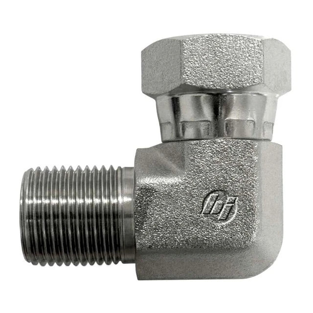 Stainless Steel, ISO 1179 BSPP Port/Line Swivel 90° Elbow, 5/8-14 Male BSPP 60° x 5/8-14 Female BSPP Swivel