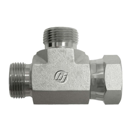 Steel, ISO 8434-6 60° Cone Female BSPP Swivel Run Tee, 1-11 Male BSPP 60° x 1-11 Female BSPP Swivel x 3/4-14 Male BSPP 60°
