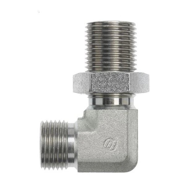 Steel, ISO 8434-6 60° Cone BSPP Bulkhead 90° Elbow With Lock Nut, 3/4-14 Male BSPP 60° x 3/4-14 Male BSPP 60°