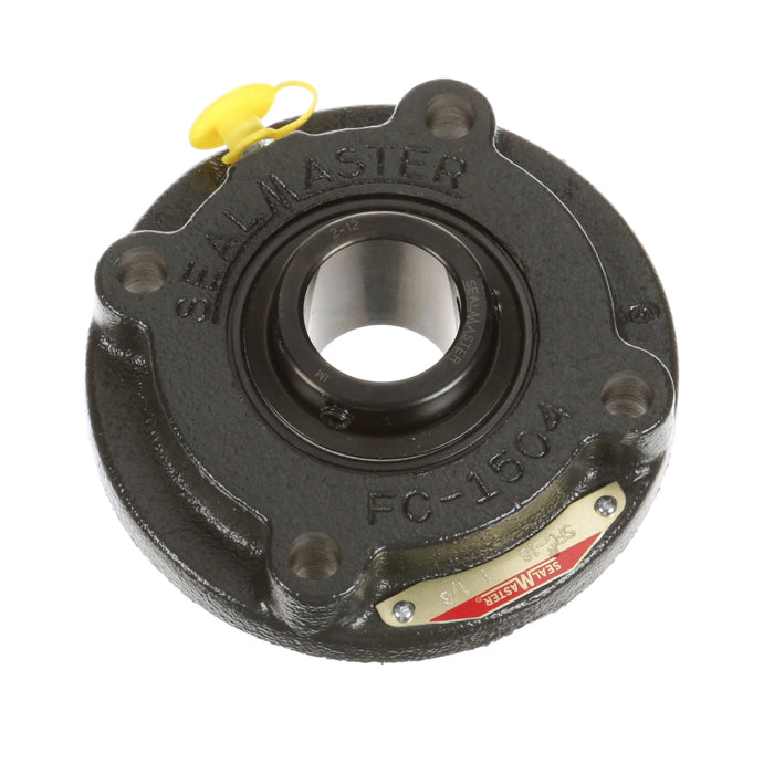 Sealmaster SFC-18 Mounted Ball Bearings, Black Oxide Bearing, 4 Bolt Piloted Flange Bearings, 1-1/8" Diameter, Cast Iron Housing, Set Screw Locking, Felt Labyrinth Seal, Wide Inner Race