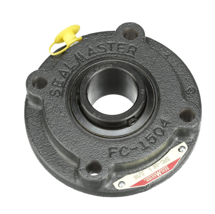 Sealmaster SFC-19 Mounted Ball Bearings, Black Oxide Bearing, 4 Bolt Piloted Flange Bearings, 1-3/16" Diameter, Cast Iron Housing, Set Screw Locking, Felt Labyrinth Seal, Wide Inner Race