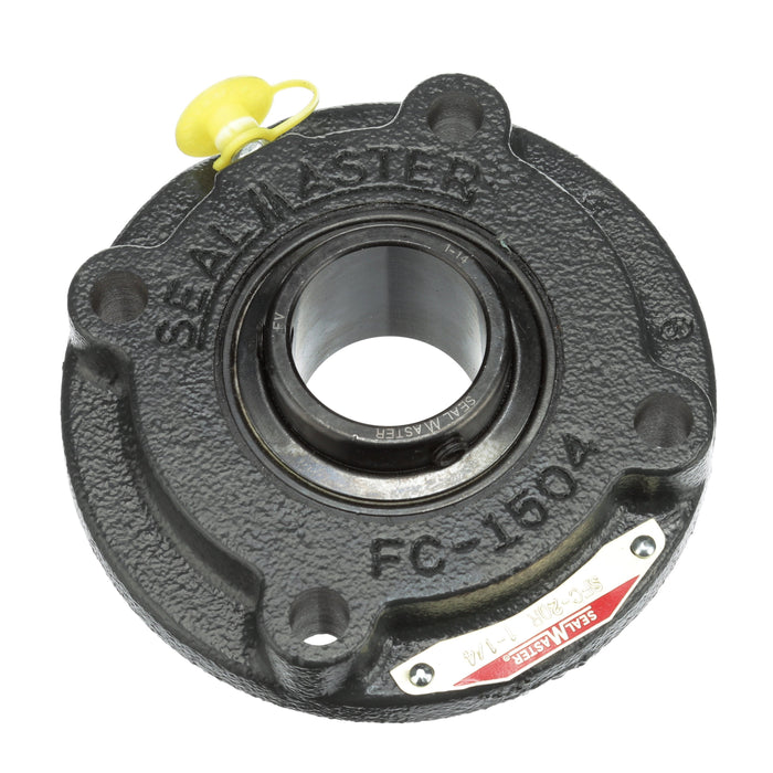 Sealmaster SFC-20R Mounted Ball Bearings, Black Oxide Bearing, 4 Bolt Piloted Flange Bearings, 1-1/4" Diameter, Cast Iron Housing, Set Screw Locking, Felt Labyrinth Seal, Wide Inner Race