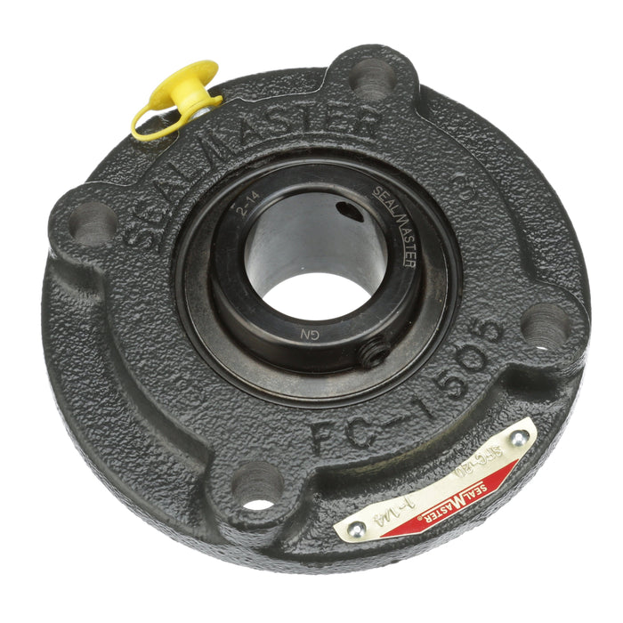 Sealmaster SFC-20 LO Mounted Ball Bearings, Black Oxide Bearing, 4 Bolt Piloted Flange Bearings, 1-1/4" Diameter, Cast Iron Housing, Set Screw Locking, Felt Labyrinth Seal, Low Drag, Wide Inner Race