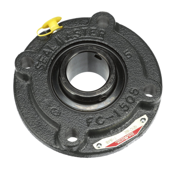 Sealmaster SFC-22 Mounted Ball Bearings, Black Oxide Bearing, 4 Bolt Piloted Flange Bearings, 1-3/8" Diameter, Cast Iron Housing, Set Screw Locking, Felt Labyrinth Seal, Wide Inner Race