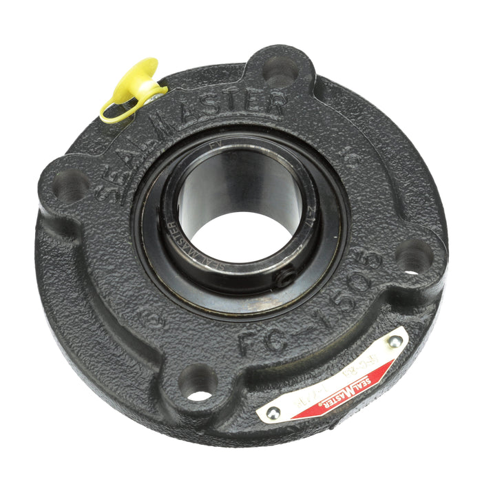 Sealmaster SFC-23 Mounted Ball Bearings, Black Oxide Bearing, 4 Bolt Piloted Flange Bearings, 1-7/16" Diameter, Cast Iron Housing, Set Screw Locking, Felt Labyrinth Seal, Wide Inner Race