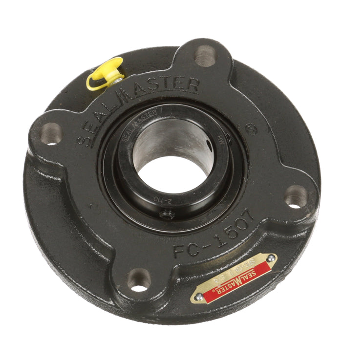 Sealmaster SFC-26 Mounted Ball Bearings, Black Oxide Bearing, 4 Bolt Piloted Flange Bearings, 1-5/8" Diameter, Cast Iron Housing, Set Screw Locking, Felt Labyrinth Seal, Wide Inner Race