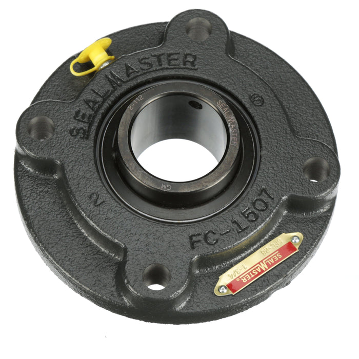 Sealmaster SFC-28 Mounted Ball Bearings, Black Oxide Bearing, 4 Bolt Piloted Flange Bearings, 1-3/4" Diameter, Cast Iron Housing, Set Screw Locking, Felt Labyrinth Seal, Wide Inner Race