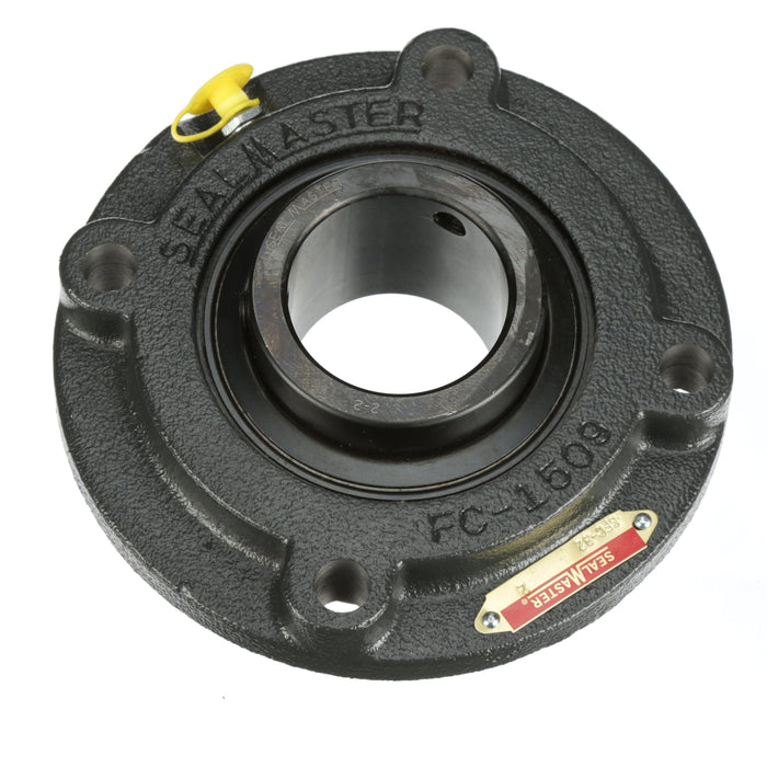 Sealmaster SFC-32 Mounted Ball Bearings, Black Oxide Bearing, 4 Bolt Piloted Flange Bearings, 2" Diameter, Cast Iron Housing, Set Screw Locking, Felt Labyrinth Seal, Wide Inner Race