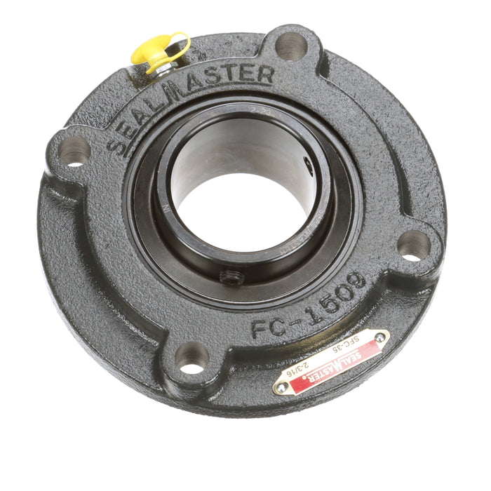 Sealmaster SFC-35 RM Mounted Ball Bearings, Black Oxide Bearing, 4 Bolt Piloted Flange Bearings, 2-3/16" Diameter, Cast Iron Housing, Set Screw Locking, Felt Labyrinth Seal, Reduced Maintenance - Lubed for Life, Wide Inner Race