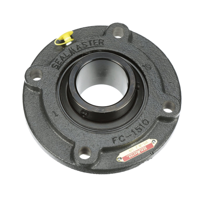 Sealmaster SFC-36 Mounted Ball Bearings, Black Oxide Bearing, 4 Bolt Piloted Flange Bearings, 2-1/4" Diameter, Cast Iron Housing, Set Screw Locking, Felt Labyrinth Seal, Wide Inner Race